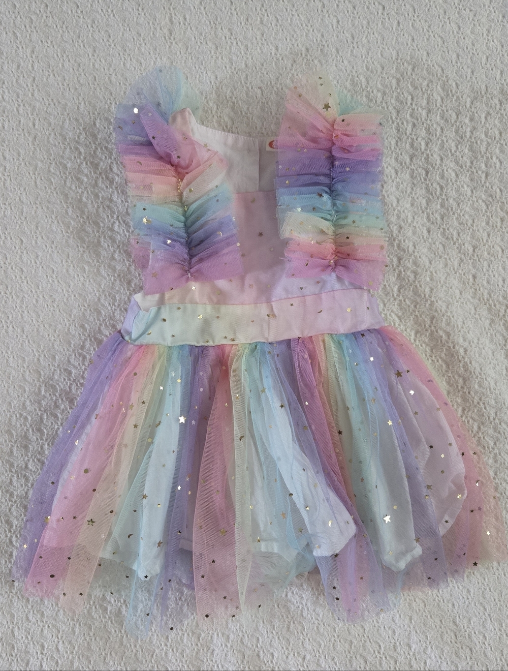 Baby Girl Pastel Rainbow Tulle Dress Romper with Gold Star Sparkle 12-18M